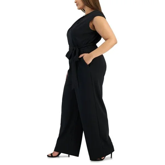 149$ Tahari Twist-Neck Belted Wide-Leg Jumpsuit Plus Size 14W Us Black - Picture 2 of 3